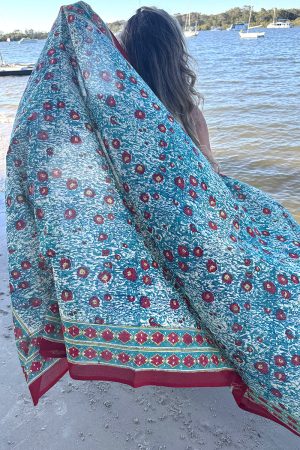 Sarong, 100% Cotton, hand block print. Blue with pops of red - Allegra