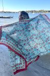 Sarong, 100% Cotton, hand block print. Blue with pops of red - Allegra