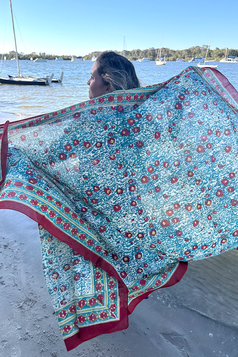 Sarong, 100% Cotton, hand block print. Blue with pops of red - Allegra
