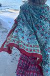 Sarong, 100% Cotton, hand block print. Blue with pops of red - Allegra