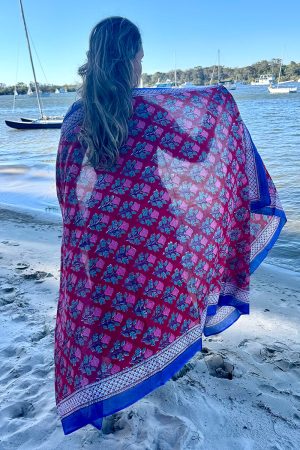 Sarong, 100% Cotton, hand block print. Pink & Red - Ruby Veda