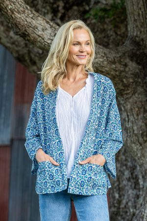 Womens, Lotus Jacket, full sleeve, 100% cotton, hand block print. Paisley print - Blue Henna