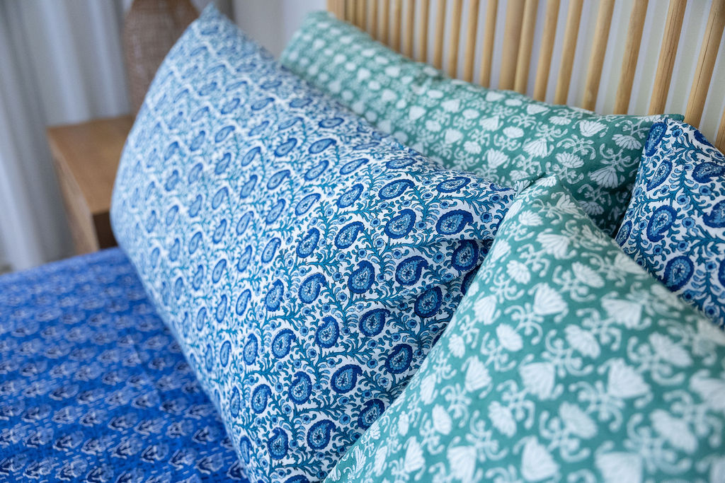Home Living, Pillow Slips, 48cmx78cm, 100% cotton, hand block print. In paisley print - Blue Henna.