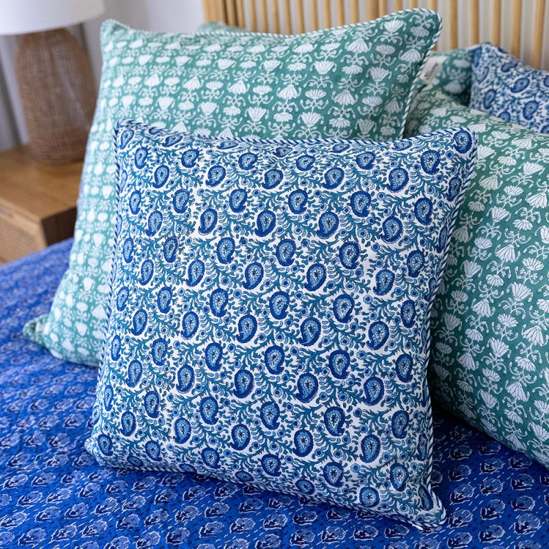 Home Living, Cushion Covers, 50x50cm & 65x65cm, 100% cotton, hand block print. In paisley print - Blue Henna.
