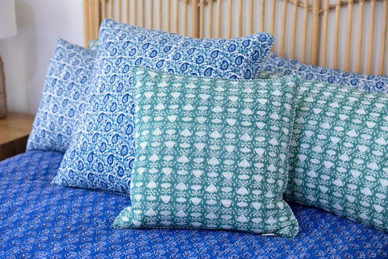 Home Living, Cushion Covers, 50x50cm & 65x65cm, 100% cotton, hand block print. In a Green Lotus print - Jade