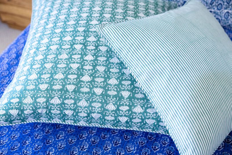 Home Living, Cushion Covers, 50x50cm & 65x65cm, 100% cotton, hand block print. In a Green Lotus print - Jade