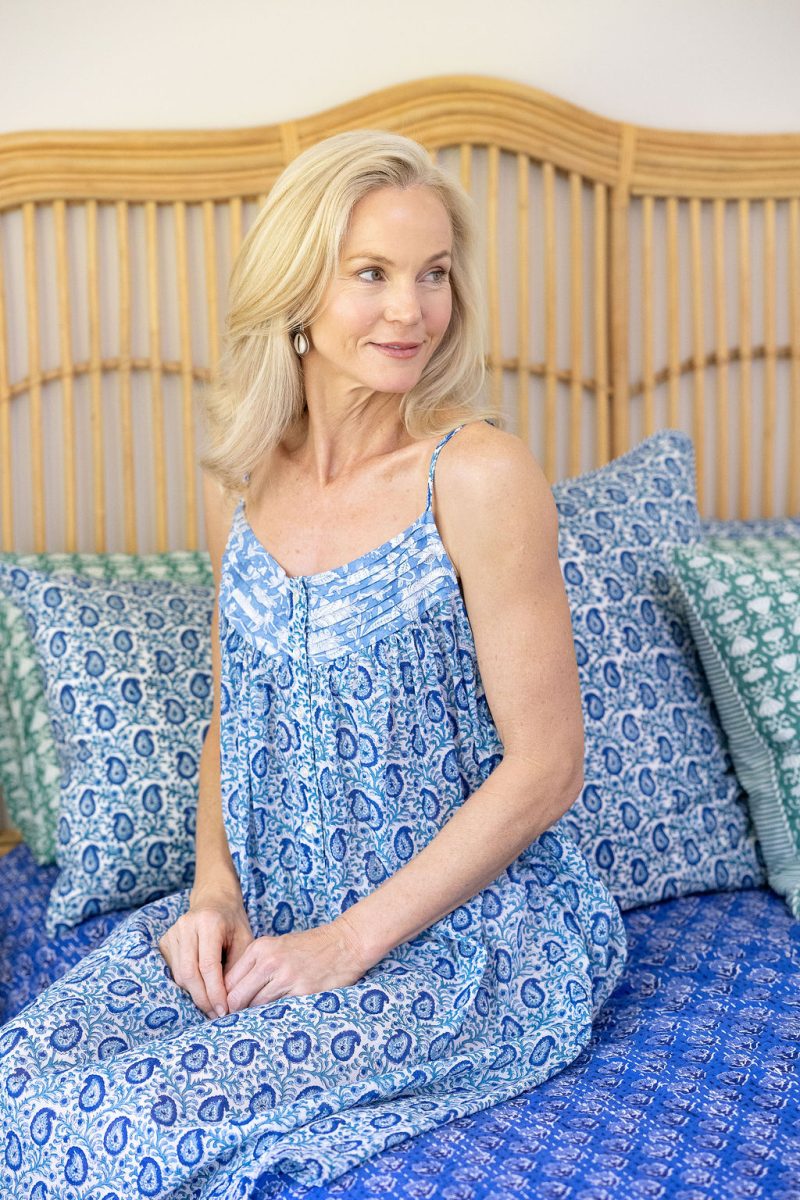 Womens, Eve Nightdress, with sleeves, 100% cotton, hand block print. Paisley print - Blue Henna