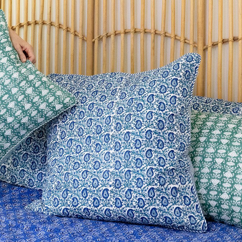 Home Living, Cushion Covers, 50x50cm & 65x65cm, 100% cotton, hand block print. In paisley print - Blue Henna.