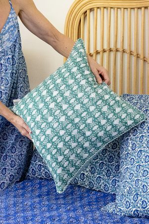 Home Living, Cushion Covers, 50x50cm & 65x65cm, 100% cotton, hand block print. In a Green Lotus print - Jade