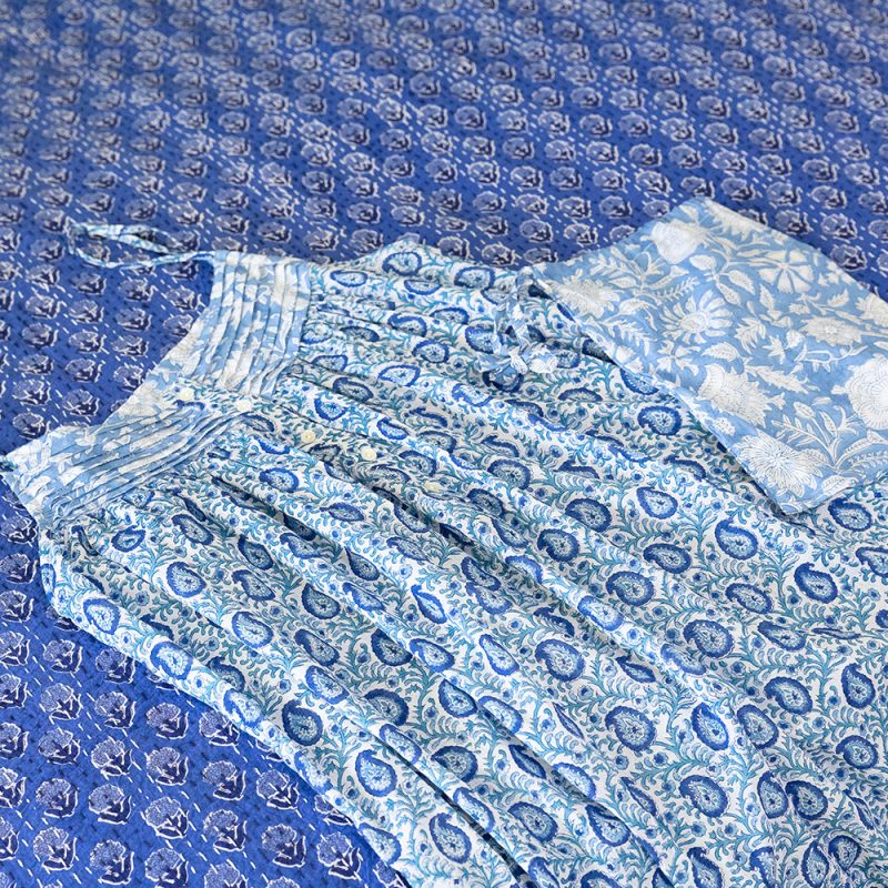 Womens, Eve Nightdress, with sleeves, 100% cotton, hand block print. Paisley print - Blue Henna