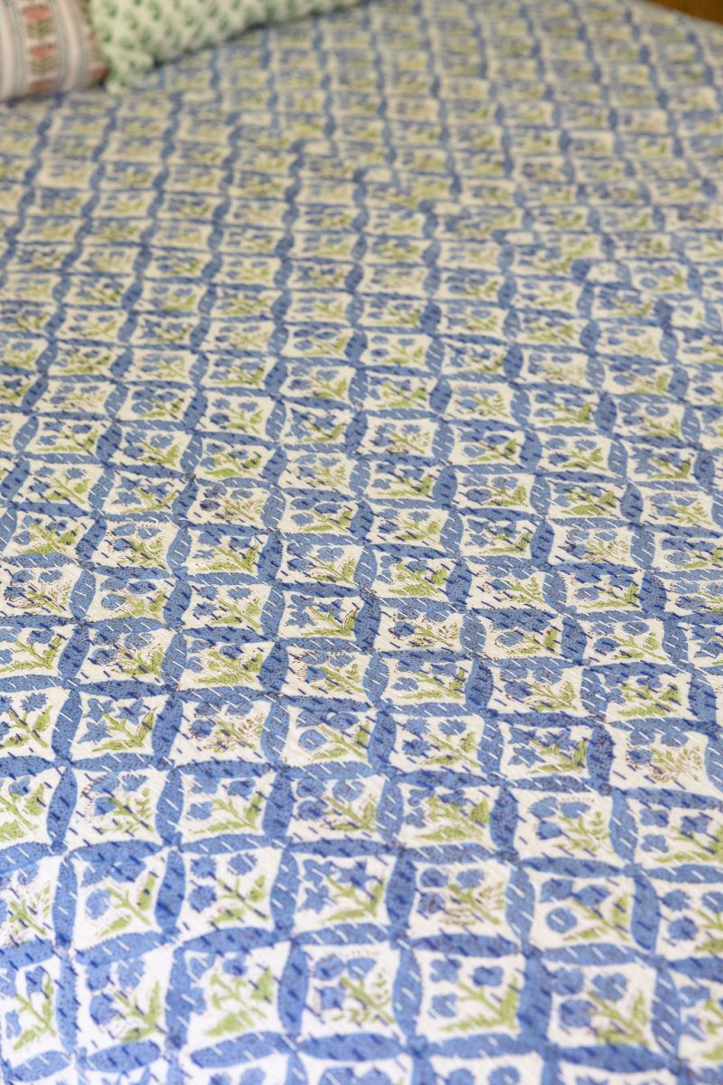 Kantha Bed Cover, 100% cotton, hand block print, hand-stitched. Double fabric. In a blue green mosaic print - Sorrel.