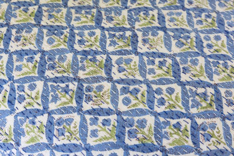 Kantha Bed Cover, 100% cotton, hand block print, hand-stitched. Double fabric. In a blue green mosaic print - Sorrel.