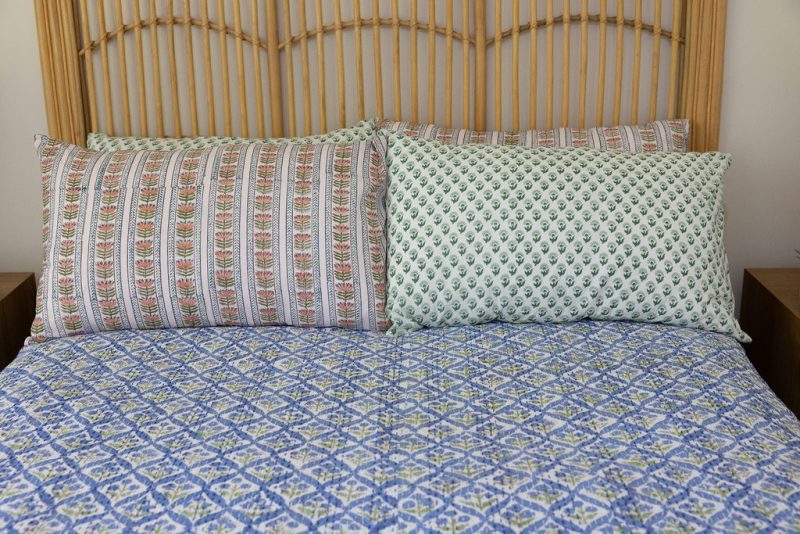 Kantha Bed Cover, 100% cotton, hand block print, hand-stitched. Double fabric. In a blue green mosaic print - Sorrel.