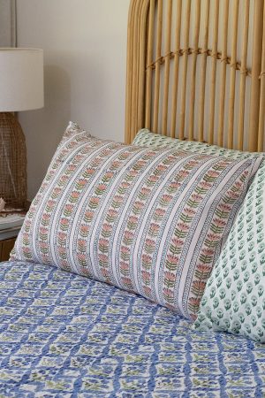 Home Living, Pillow Slips, 48cmx78cm, 100% cotton, hand block print. In a pretty pinks & greens - Cameo
