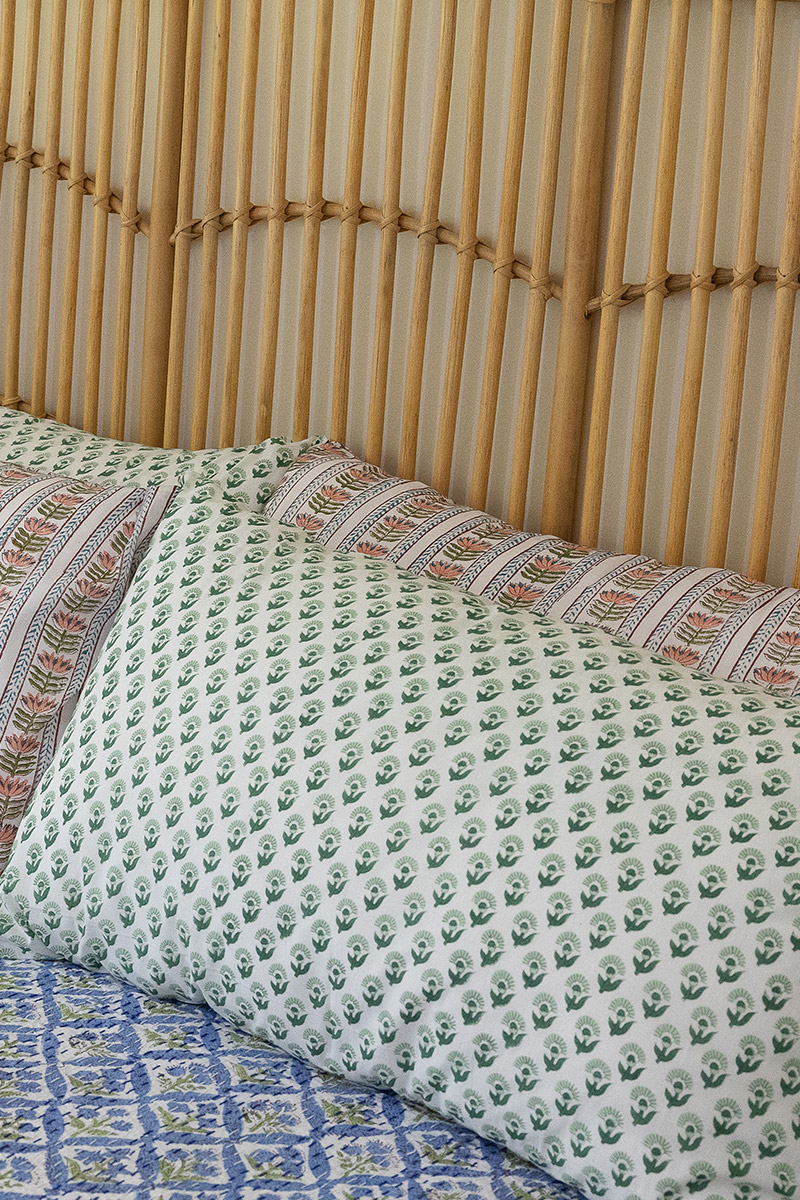 Home Living, Pillow Slips, 48cmx78cm, 100% cotton, hand block print. In soft green on white - Sage