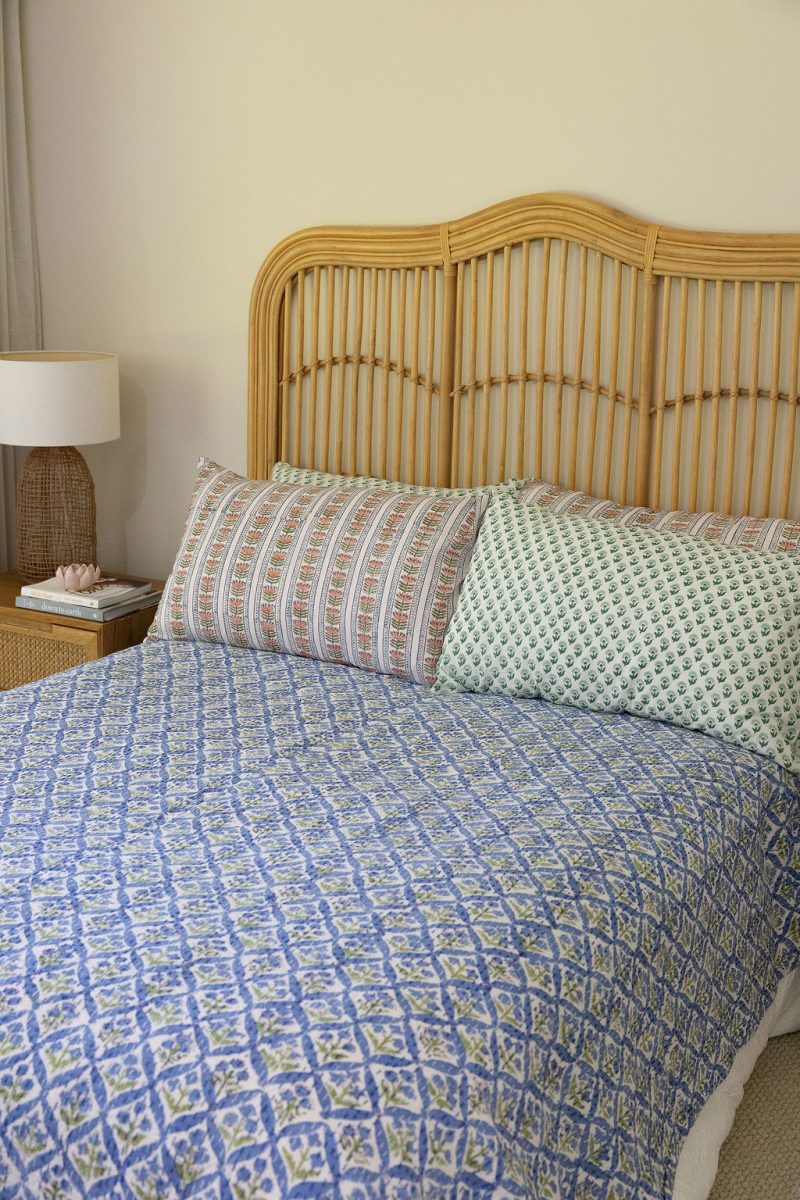 Kantha Bed Cover, 100% cotton, hand block print, hand-stitched. Double fabric. In a blue green mosaic print - Sorrel.