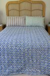 Kantha Bed Cover, 100% cotton, hand block print, hand-stitched. Double fabric. In a blue green mosaic print - Sorrel.