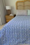 Kantha Bed Cover, 100% cotton, hand block print, hand-stitched. Double fabric. In a blue green mosaic print - Sorrel.