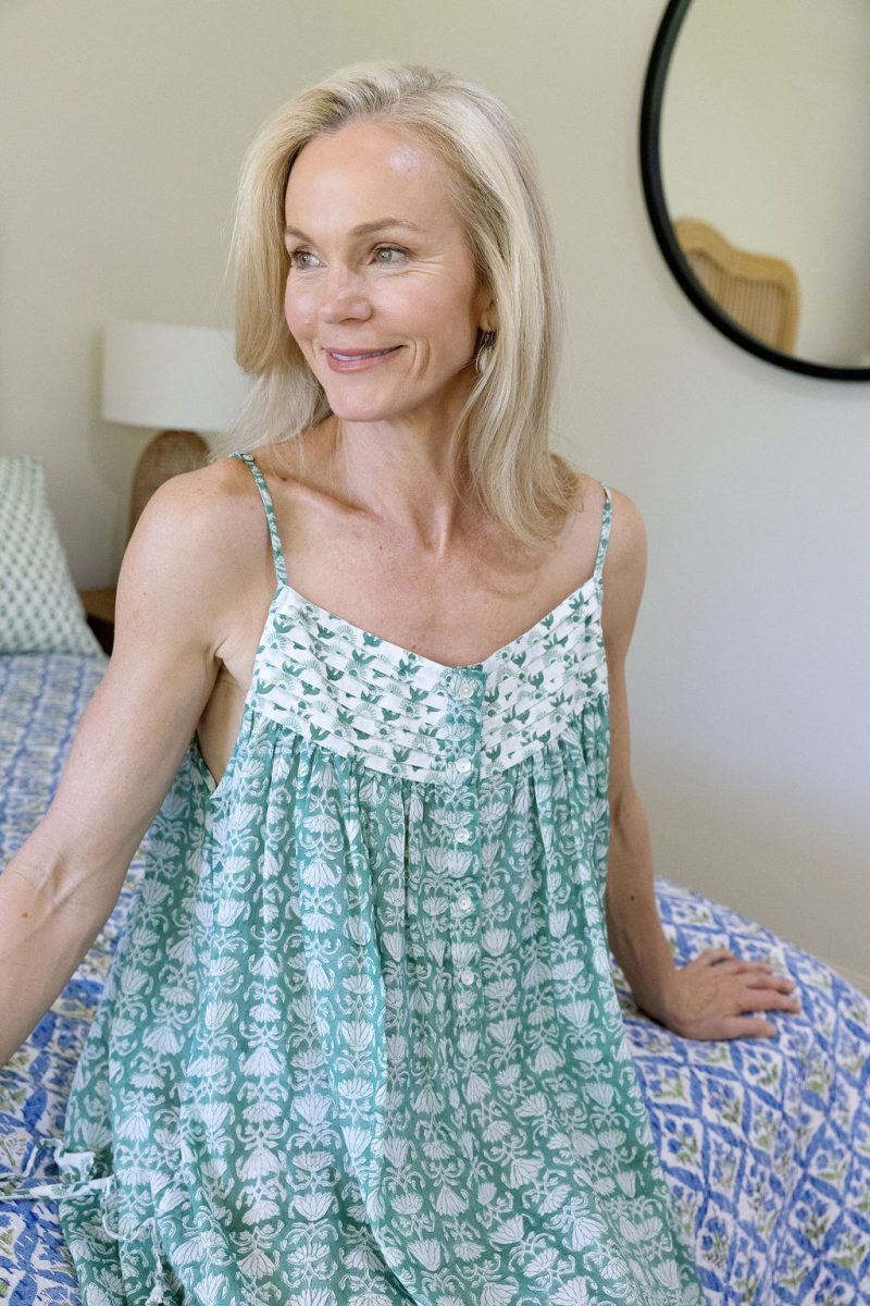 Womens, Eve Nightdress, with sleeves, 100% cotton, hand block print. In a Green Lotus print - Jade