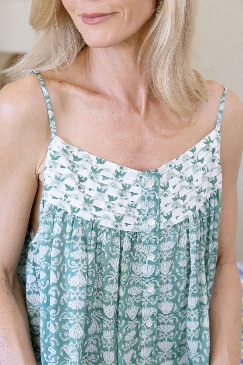 Womens, Eve Nightdress, with sleeves, 100% cotton, hand block print. In a Green Lotus print - Jade