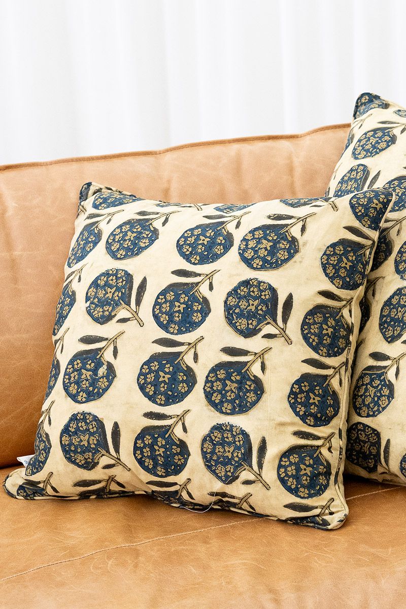 Home Living, Cushion Covers, 50x50cm & 65x65cm, 100% cotton, hand block print. Natural dye, figs on sepia - Harvest.