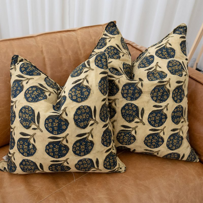 Home Living, Cushion Covers, 50x50cm & 65x65cm, 100% cotton, hand block print. Natural dye, figs on sepia - Harvest.