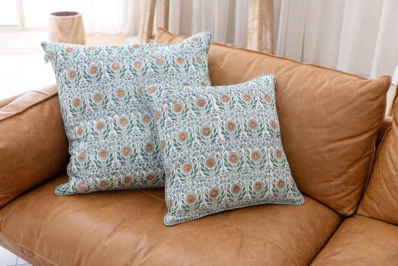 Home Living, Cushion Covers, 50x50cm & 65x65cm, 100% cotton, hand block print. In soft sun-drenched woodland tones - Amberwood