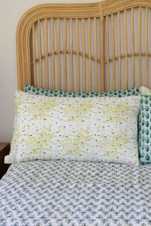 Home Living, Pillow Slips, 48cmx78cm, 100% cotton, hand block print. In soft green tones on white - Ivy
