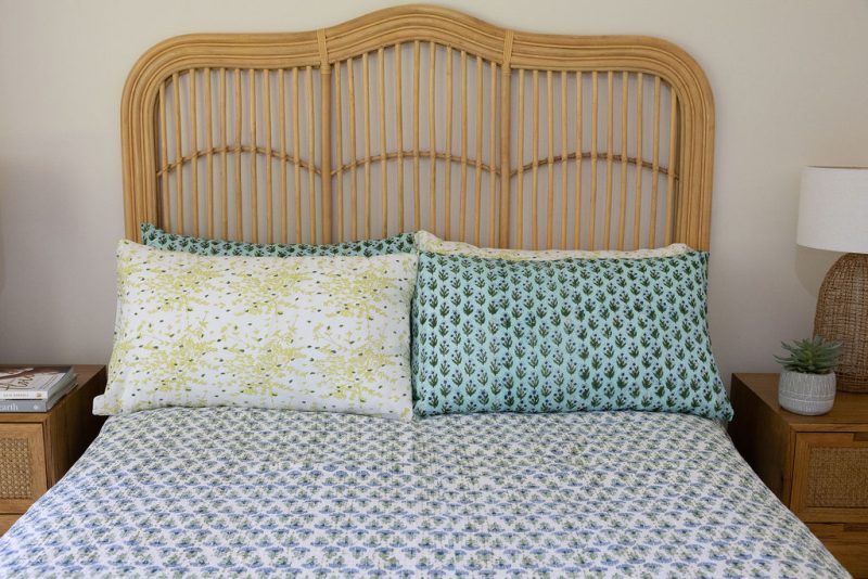 Kantha Bed Cover, 100% cotton, hand block print, hand-stitched. Double fabric. In a blue green floral print - Blue Haze.