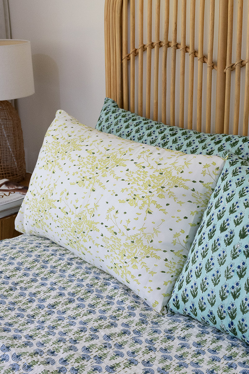 Home Living, Pillow Slips, 48cmx78cm, 100% cotton, hand block print. In soft green tones on white - Ivy
