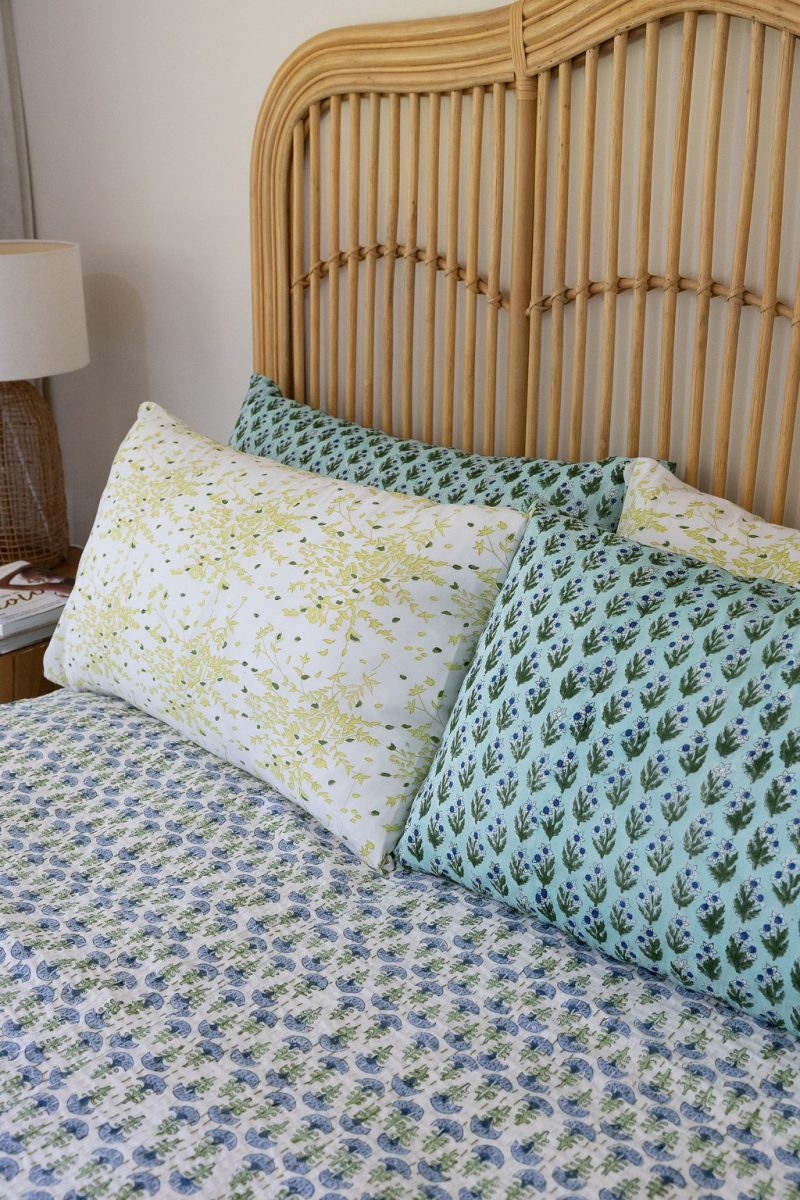 Kantha Bed Cover, 100% cotton, hand block print, hand-stitched. Double fabric. In a blue green floral print - Blue Haze.