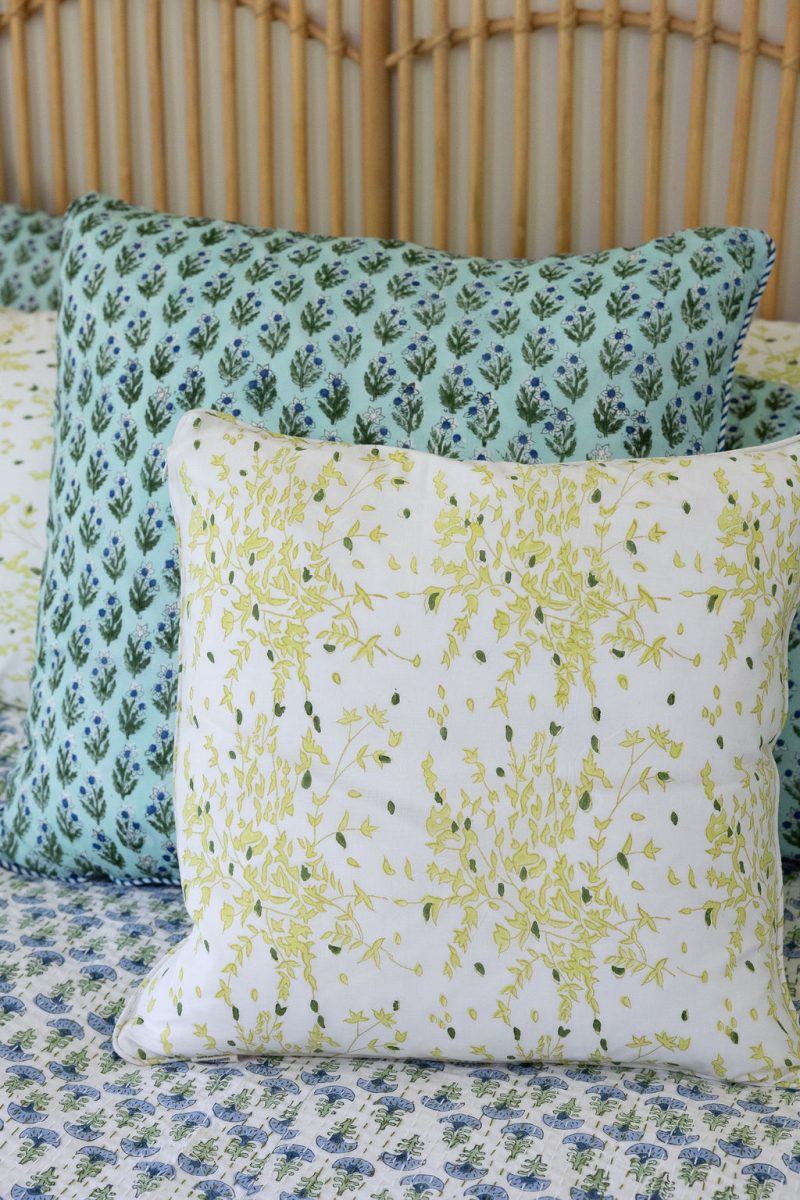 Home Living, Cushion Covers, 50x50cm & 65x65cm, 100% cotton, hand block print. In soft green tones on white - Ivy