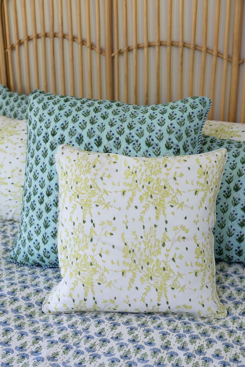 Home Living, Cushion Covers, 50x50cm & 65x65cm, 100% cotton, hand block print. In soft green tones on white - Ivy