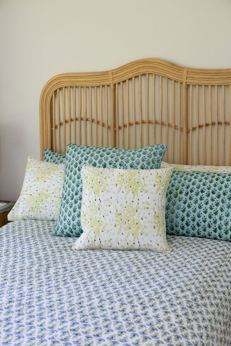 Kantha Bed Cover, 100% cotton, hand block print, hand-stitched. Double fabric. In a blue green floral print - Blue Haze.