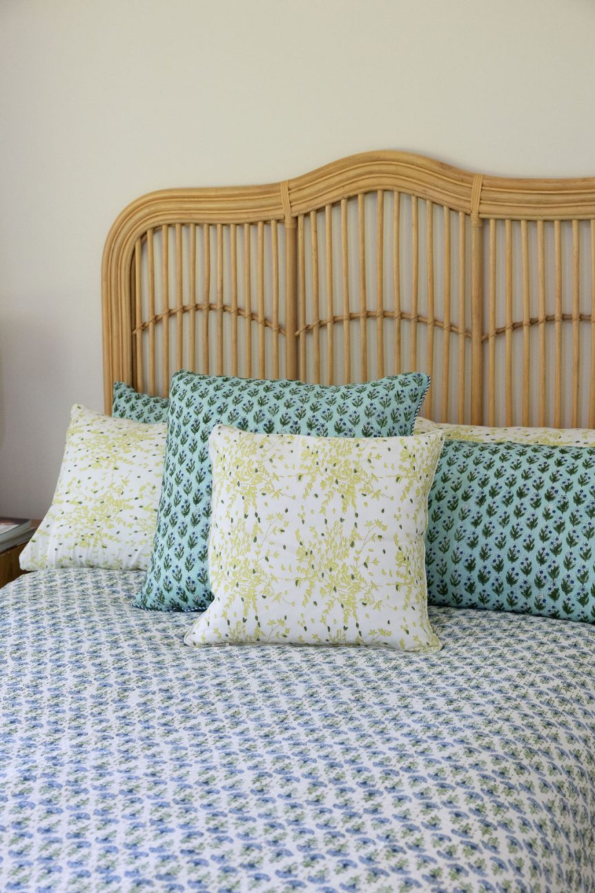 Kantha Bed Cover, 100% cotton, hand block print, hand-stitched. Double fabric. In a blue green floral print - Blue Haze.