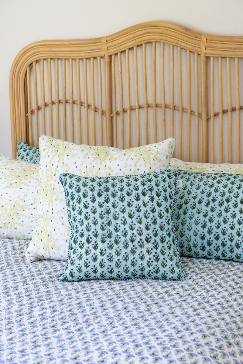 Home Living, Cushion Covers, 50x50cm & 65x65cm, 100% cotton, hand block print. In blue, green - Sea Meadow