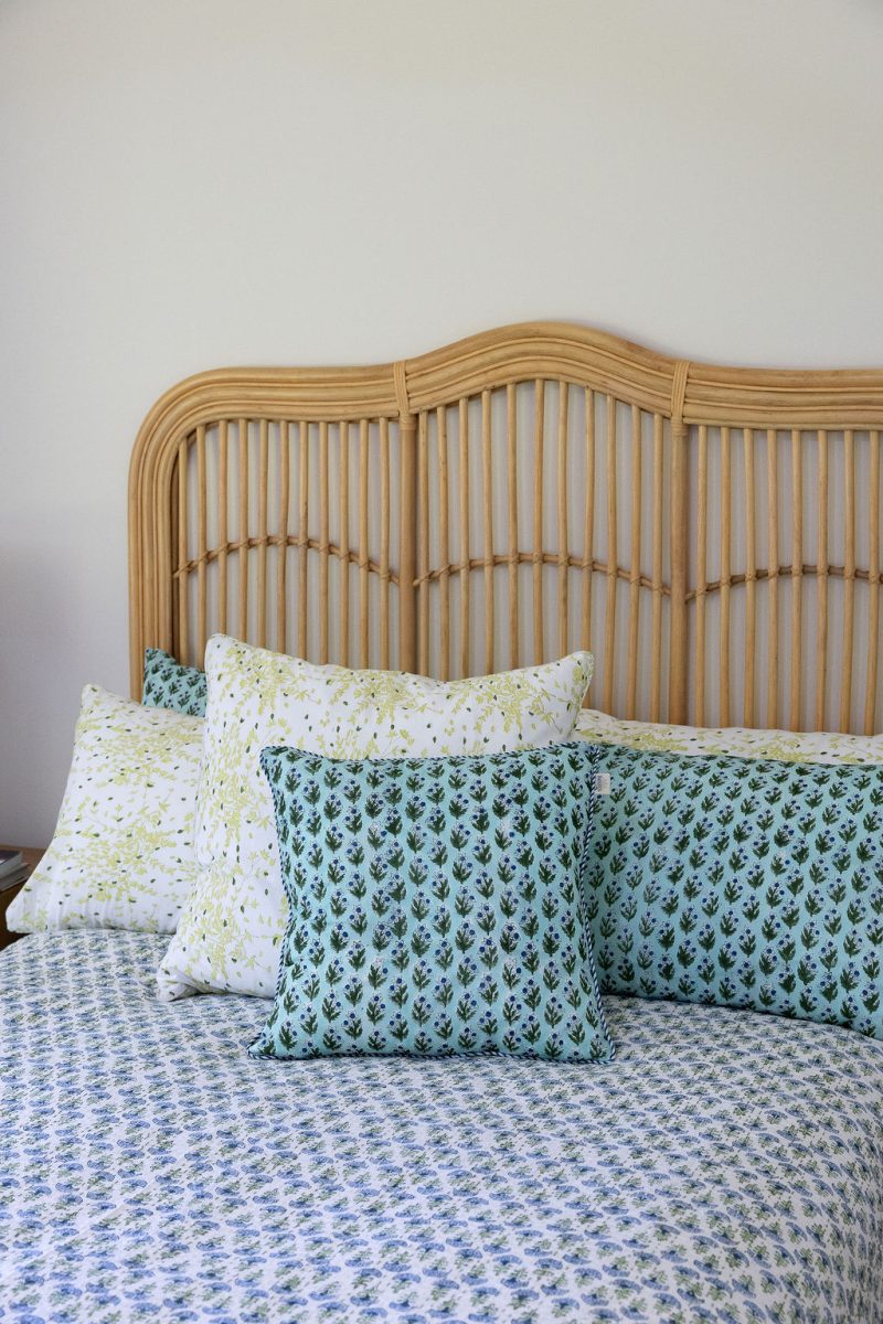 Kantha Bed Cover, 100% cotton, hand block print, hand-stitched. Double fabric. In a blue green floral print - Blue Haze.