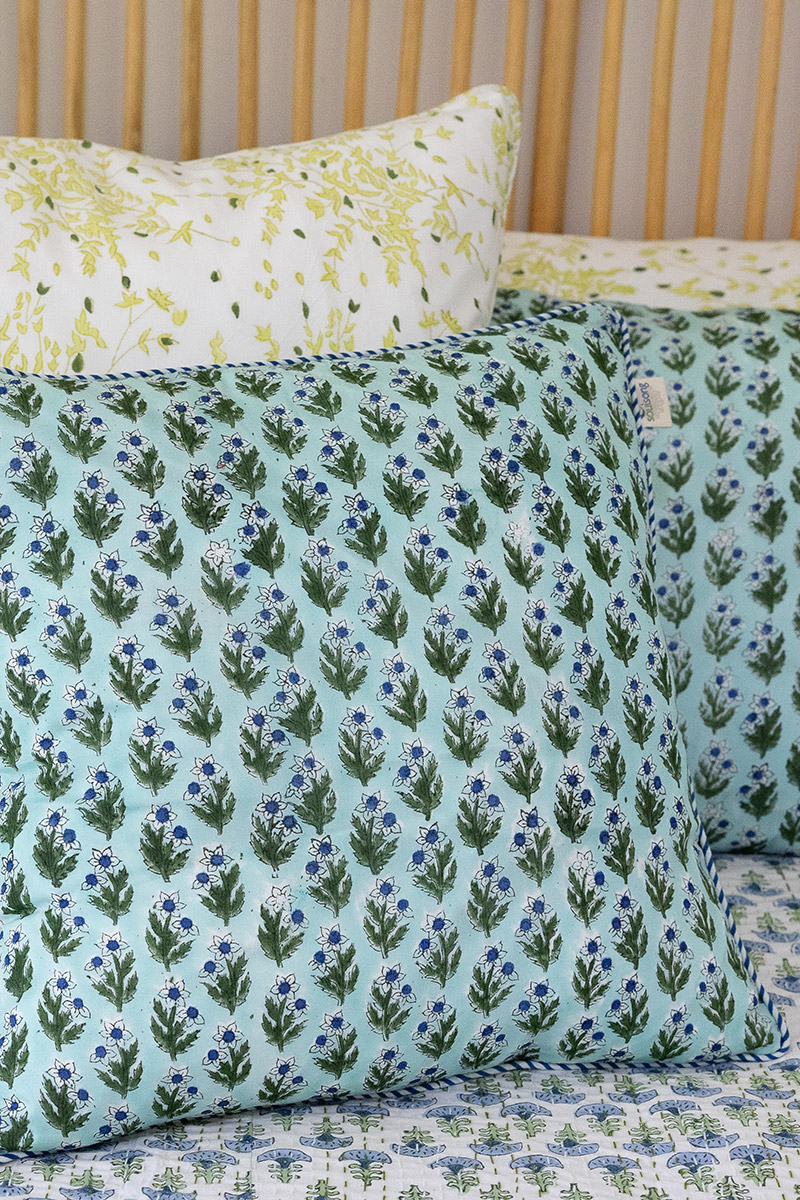 Home Living, Cushion Covers, 50x50cm & 65x65cm, 100% cotton, hand block print. In blue, green - Sea Meadow