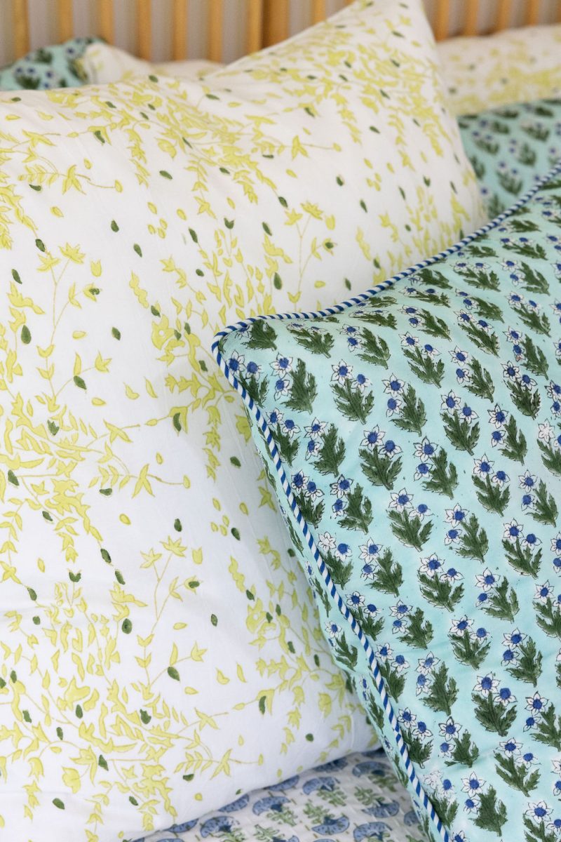 Home Living, Cushion Covers, 50x50cm & 65x65cm, 100% cotton, hand block print. In soft green tones on white - Ivy