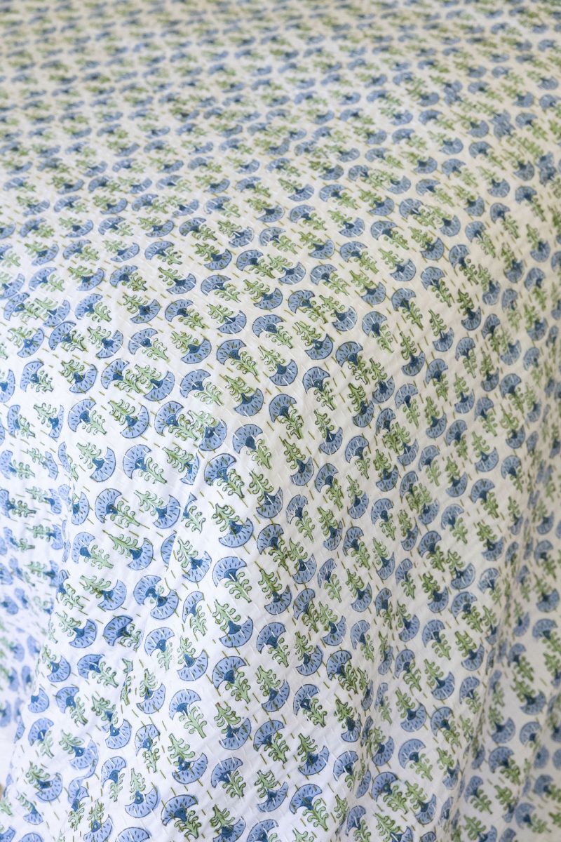 Kantha Bed Cover, 100% cotton, hand block print, hand-stitched. Double fabric. In a blue green floral print - Blue Haze.