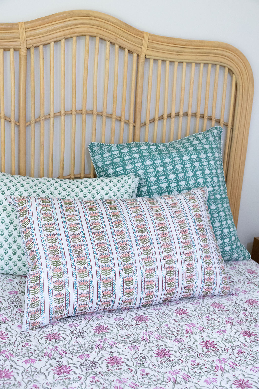 Home Living, Pillow Slips, 48cmx78cm, 100% cotton, hand block print. In a pretty pinks & greens - Cameo