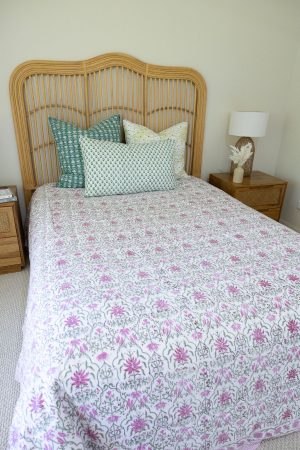 Home Living, Cotton Bed Cover, 100% cotton, hand block print. In soft pink floral - Amour