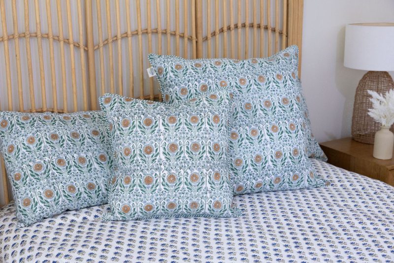 Home Living, Cotton Bed Cover, 100% cotton, hand block print. Small blue flowers, Lapis Charm