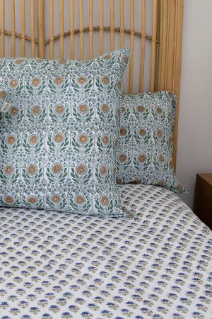 Home Living, Cotton Bed Cover, 100% cotton, hand block print. Small blue flowers, Lapis Charm