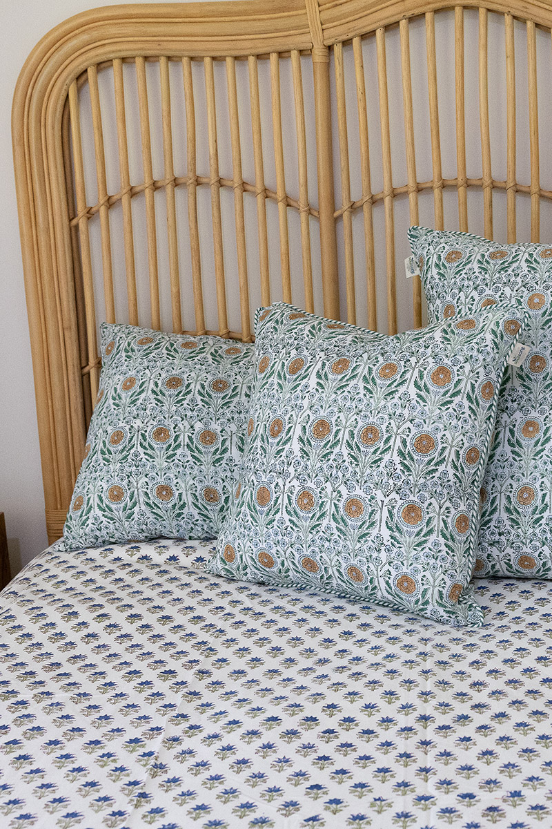 Home Living, Cotton Bed Cover, 100% cotton, hand block print. Small blue flowers, Lapis Charm