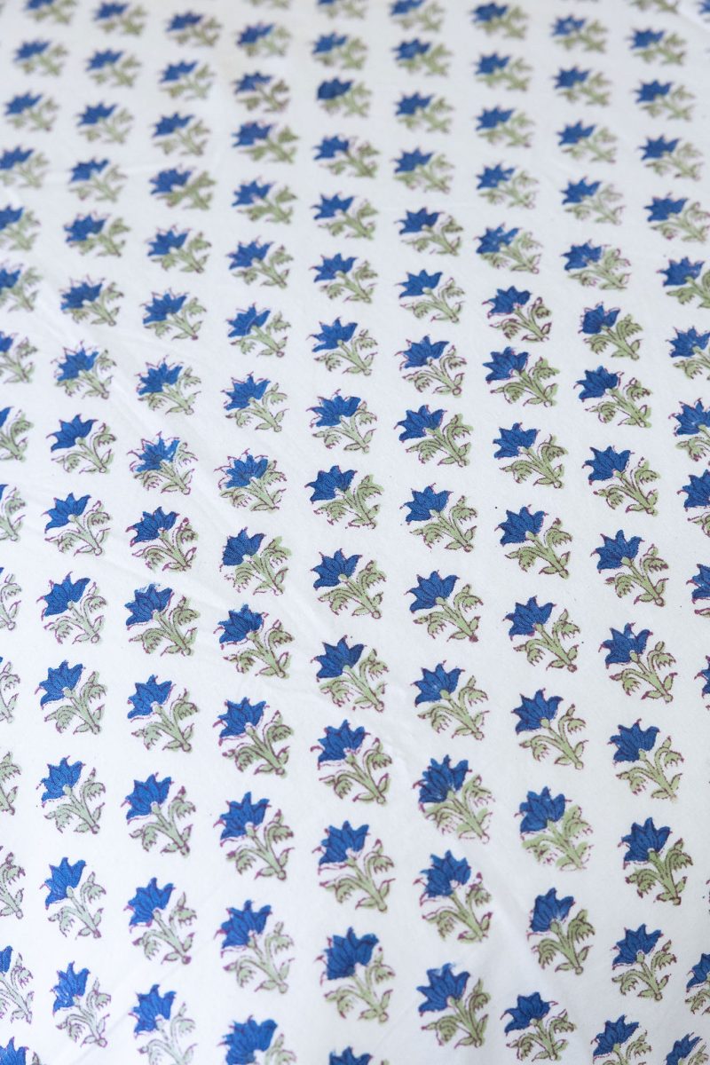Home Living, Cotton Bed Cover, 100% cotton, hand block print. Small blue flowers, Lapis Charm