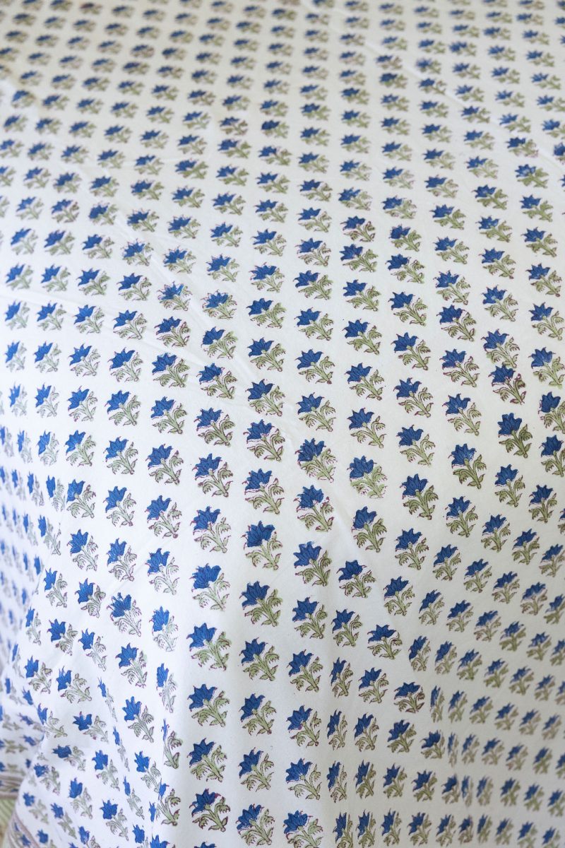 Home Living, Cotton Bed Cover, 100% cotton, hand block print. Small blue flowers, Lapis Charm