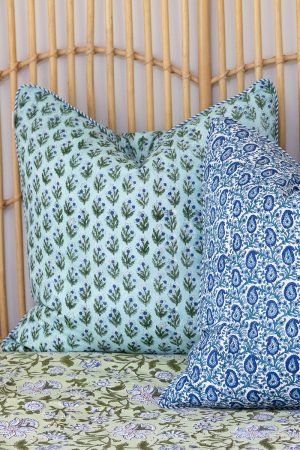 Home Living, Cushion Covers, 50x50cm & 65x65cm, 100% cotton, hand block print. In blue, green - Sea Meadow