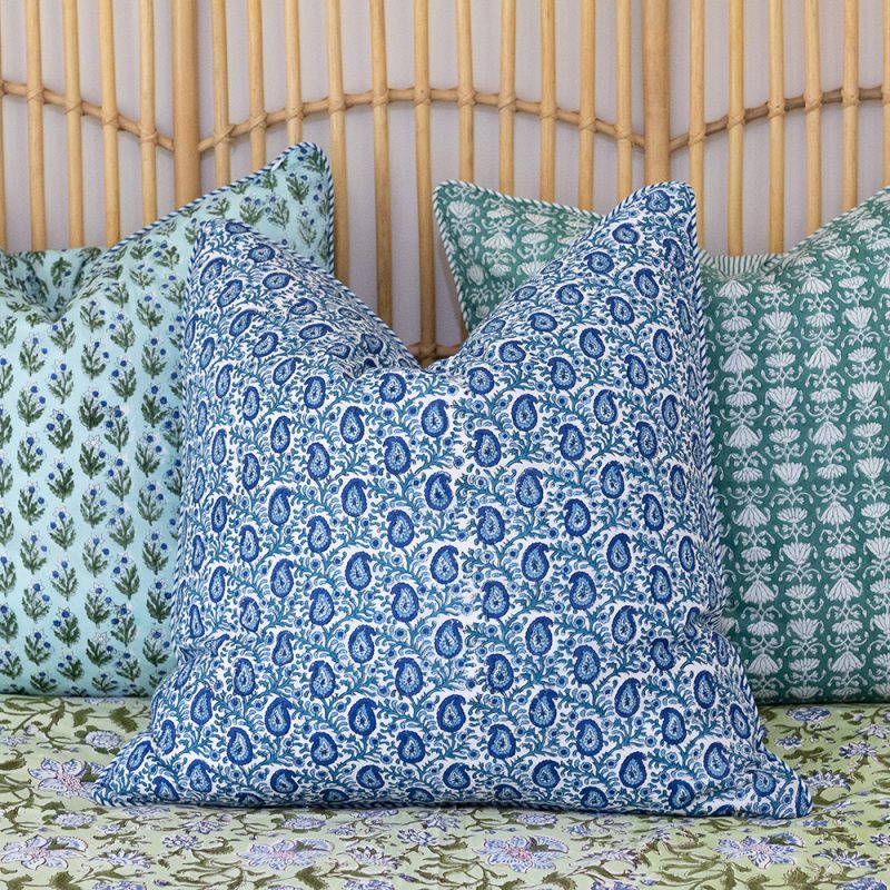 Home Living, Cushion Covers, 50x50cm & 65x65cm, 100% cotton, hand block print. In paisley print - Blue Henna.