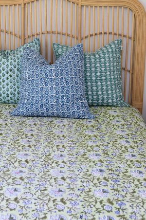 Home Living, Cotton Bed Cover, 100% cotton, hand block print. In green floral - Wild Grove